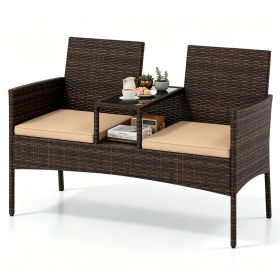 2-Seat PE Wicker Patio Loveseat Set, Outdoor Rattan Sofa with 2-Tier Tempered Glass Table