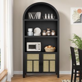 70'' Arched Storage Cabinet with Doors, Boho Rattan Sideboard Buffet Cabinet with Adjustable Shelves, Tall Pantry Storage Table for Kitchen, Hall