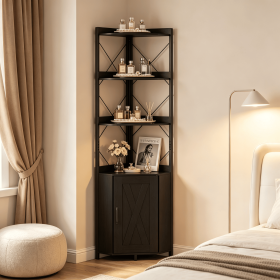 Freestanding Corner Display Shelf, Black Engineered Wood & Metal Bookcase with Concealed Cabinet, AntiFall Corner Storage Unit for Small Modern H