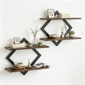 Black Rustic Brown 2Tier Floating Wall Shelves Set of 2, Diamond Metal Frame Wall Mounted Storage Shelves for Living Room Kitchen Bedroom Office