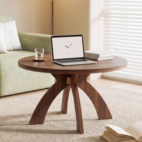 Round Coffee Table, 31.5 Inch Walnut Finish MDF Coffee Table with Curved Cross Legs, Modern Minimalist Circular Center Table for Living Room