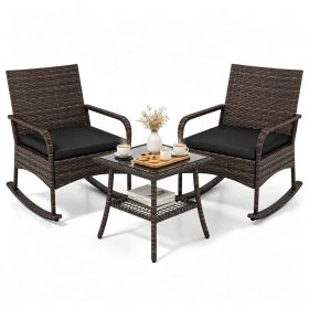 3-Piece PE Wicker Patio Rocking Chair Set, Ergonomic Rocking Bistro Set with 2-Tier Side Table & Removable Cushions
