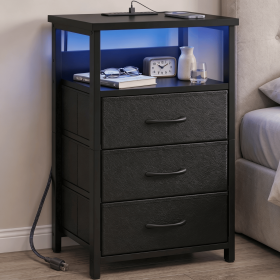 Nightstand with Charging Station, 3 Fabric Drawers, LED Light & Open Shelf, Modern End Table with AC Outlets & USB Ports, Bedside Table for Bedro