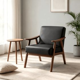 Accent Chair with Microfiber Upholstery and Solid Wood Frame, Classic Mid-Century Modern Living Room Furniture for Extra Seating, Black PU/PVC
