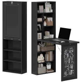 Fold-out Convertible Home Office Desk, Wall Mount Computer Desk with Blackboard and Side Shelf, Black