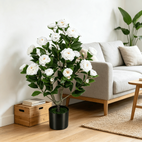 Artificial Camellia Tree Faux Flower Plant Cement-Filled Pot Durable Fake Camellia for Home Decor