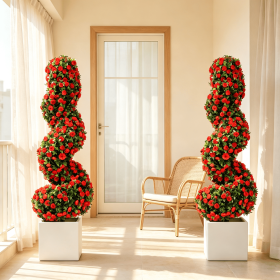 Set of 2 Artificial Spiral Topiary Trees Sun Protection with Ground Spikes Fake Evergreen Landscape Garden Decor