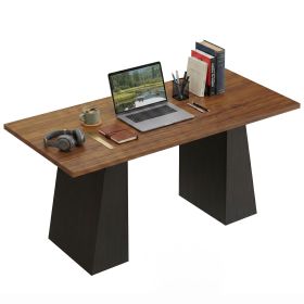63 Inch Computer Desk with Trapezoidal Frame Light Walnut and Black
