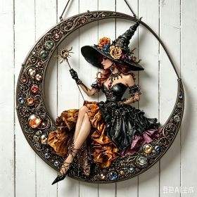 Halloween New Hot Selling Riding Broom Magical Witch Creative Wooden Printing Doors and Windows Garden Hanging Decoration (Color: 10, size: 30*30*0.5)