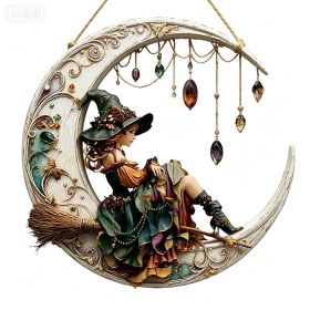 Halloween New Hot Selling Riding Broom Magical Witch Creative Wooden Printing Doors and Windows Garden Hanging Decoration (Color: 26, size: 15*15*0.5)