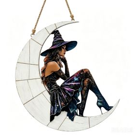 Halloween New Hot Selling Riding Broom Magical Witch Creative Wooden Printing Doors and Windows Garden Hanging Decoration (Color: 17, size: 15*15*0.5)