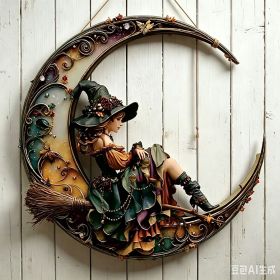 Halloween New Hot Selling Riding Broom Magical Witch Creative Wooden Printing Doors and Windows Garden Hanging Decoration (Color: 9, size: 15*15*0.5)
