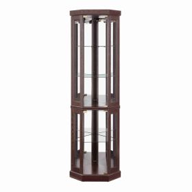 5-Tier Lighted Corner Curio Display Cabinet Adjustable Glass Display Case with Light Bulb Anti-Tipping Hardware for Collectibles, Wine & Decor (Color: Cherry)