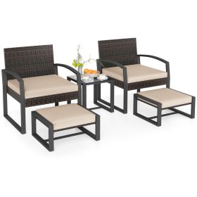 5-Piece Patio Conversation Set with 2 Ottomans and Tempered Glass Side Table (Color: beige)